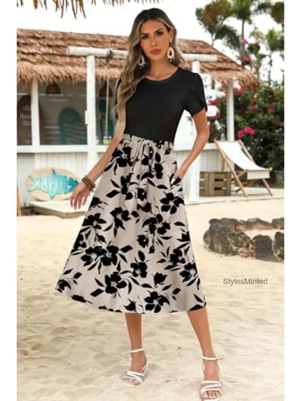 Floral Midi Dress with Pockets Short Sleeve Casual Summer